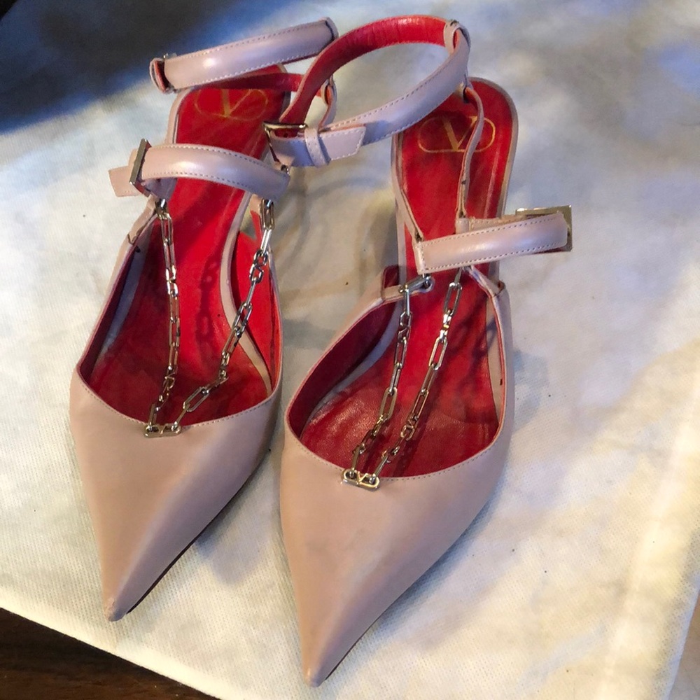❤️Valentino Ankle Strap paperclip chain red insole kitten heel leather shoes